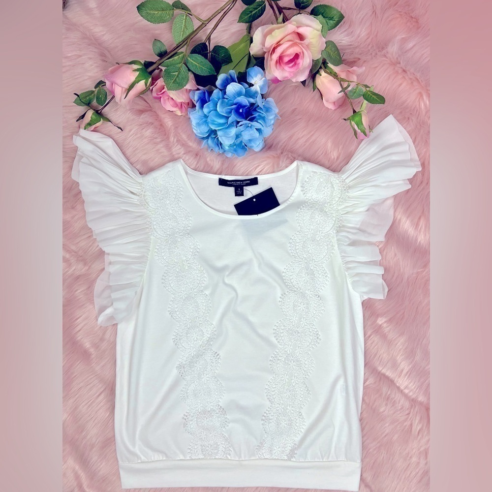 NWT White Knit Top With Angelic Flutter Sleeve Sz S by Andrew Marc